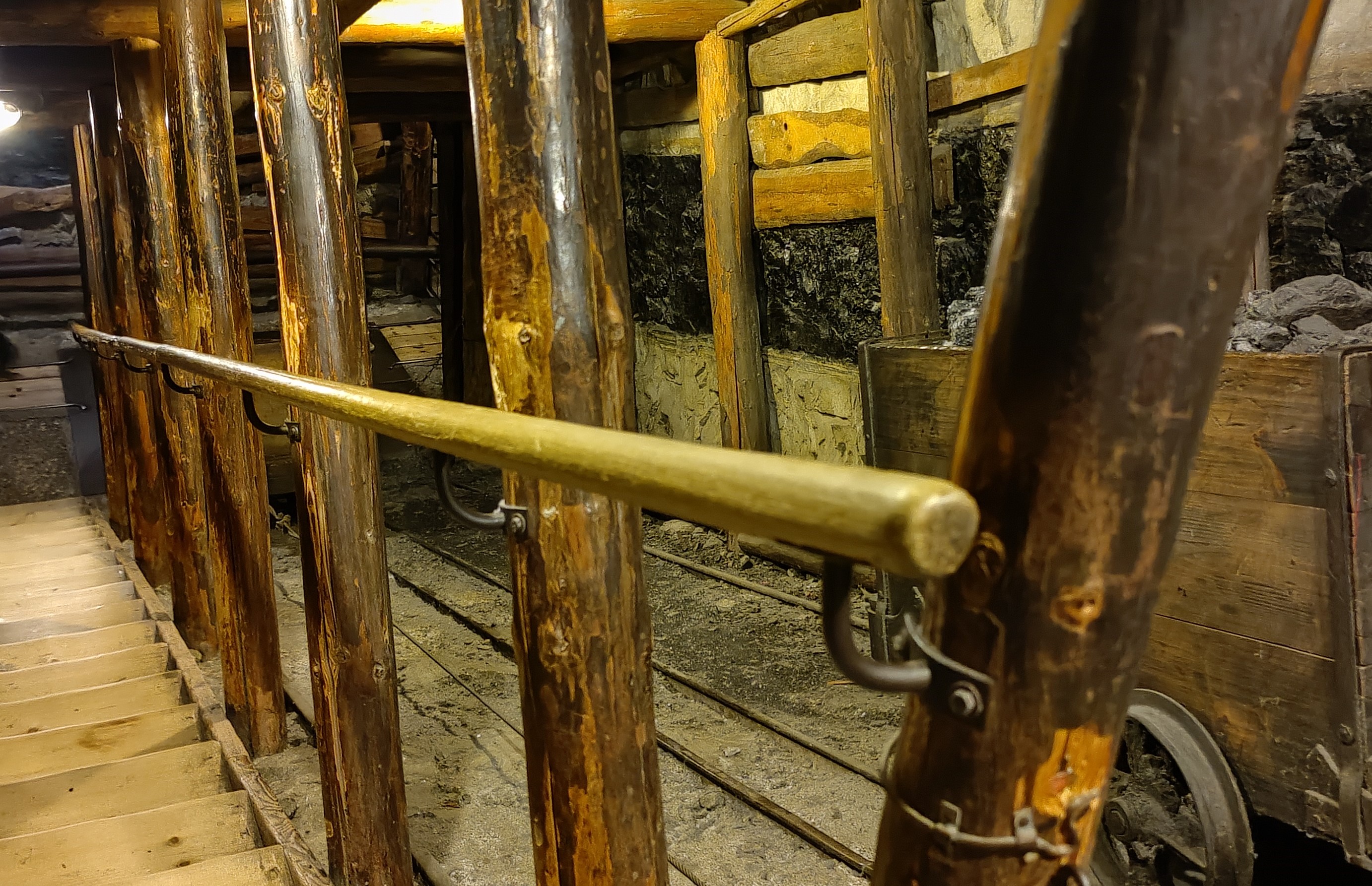 Wooden stairs and a fake mine shaft at the mining exhibition at the Deutsches Museum