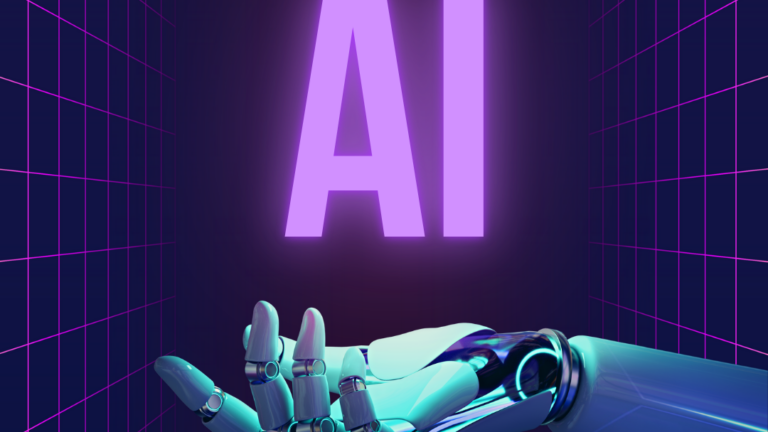 Robottikäsi pitelee tekstiä AI tummalla taustalla, Tekniikan museon logo ja teksti "Tekniikan museossa" ympärillä.