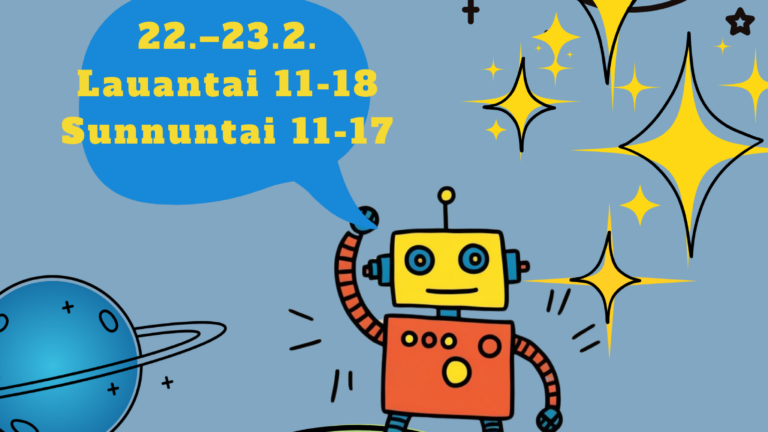 Roboretki-tapahtuman juliste, missä robotti seisoo maapallon päällä.