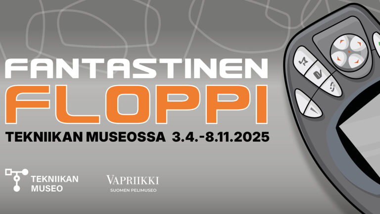 Fantastinen Floppi-näyttelyn juliste, jossa Teksti ja Nokia NGage