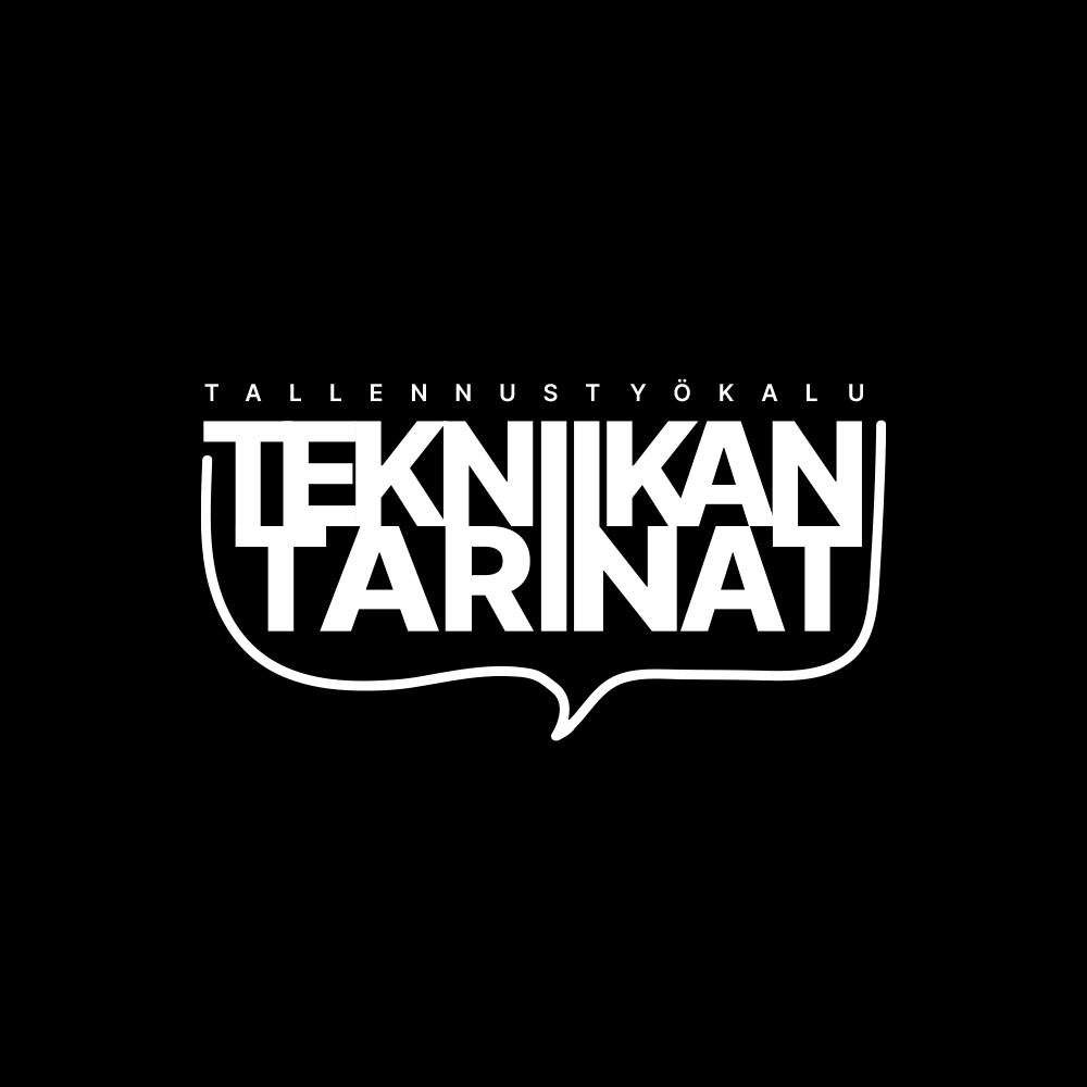 Tekniikan Tarinat -logo, jossa tallennustyökalun nimi on puhekuplan sisällä.