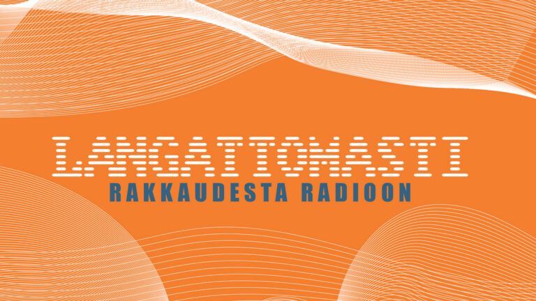 Langattomasti-näyttelyn visuaalinen ilme, jossa oranssilla pohjalla on ääniaaltoja muistuttavia vaaleita viivoja