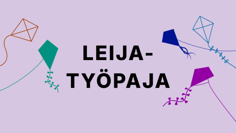 Tekniikan museon Leijatyöpajan mainos, jossa erivärisiä leijoja vaaleanvioletilla pohjalla.