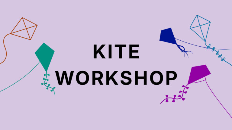 Promotional graphic for the Museum of Technology's Kite Workshop featuring colourful kites on a light purple background.