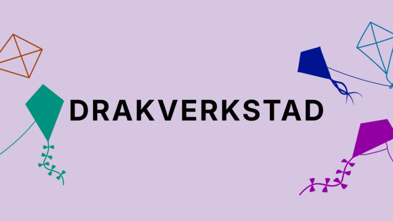 Reklam för Tekniska museets drakverkstad med färgglada drakar mot en ljuslila bakgrund.