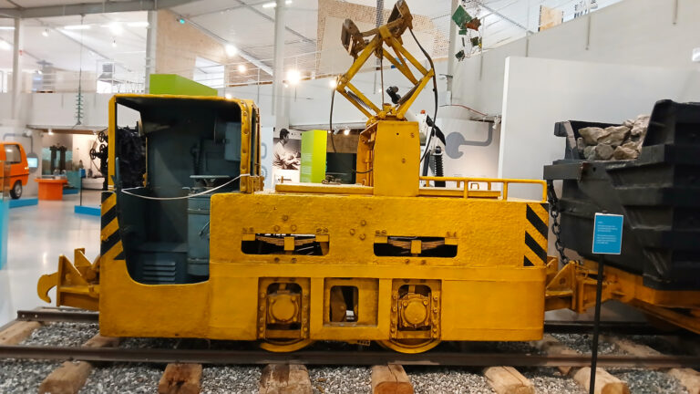 A yellow mining locomotive from the 1940s.